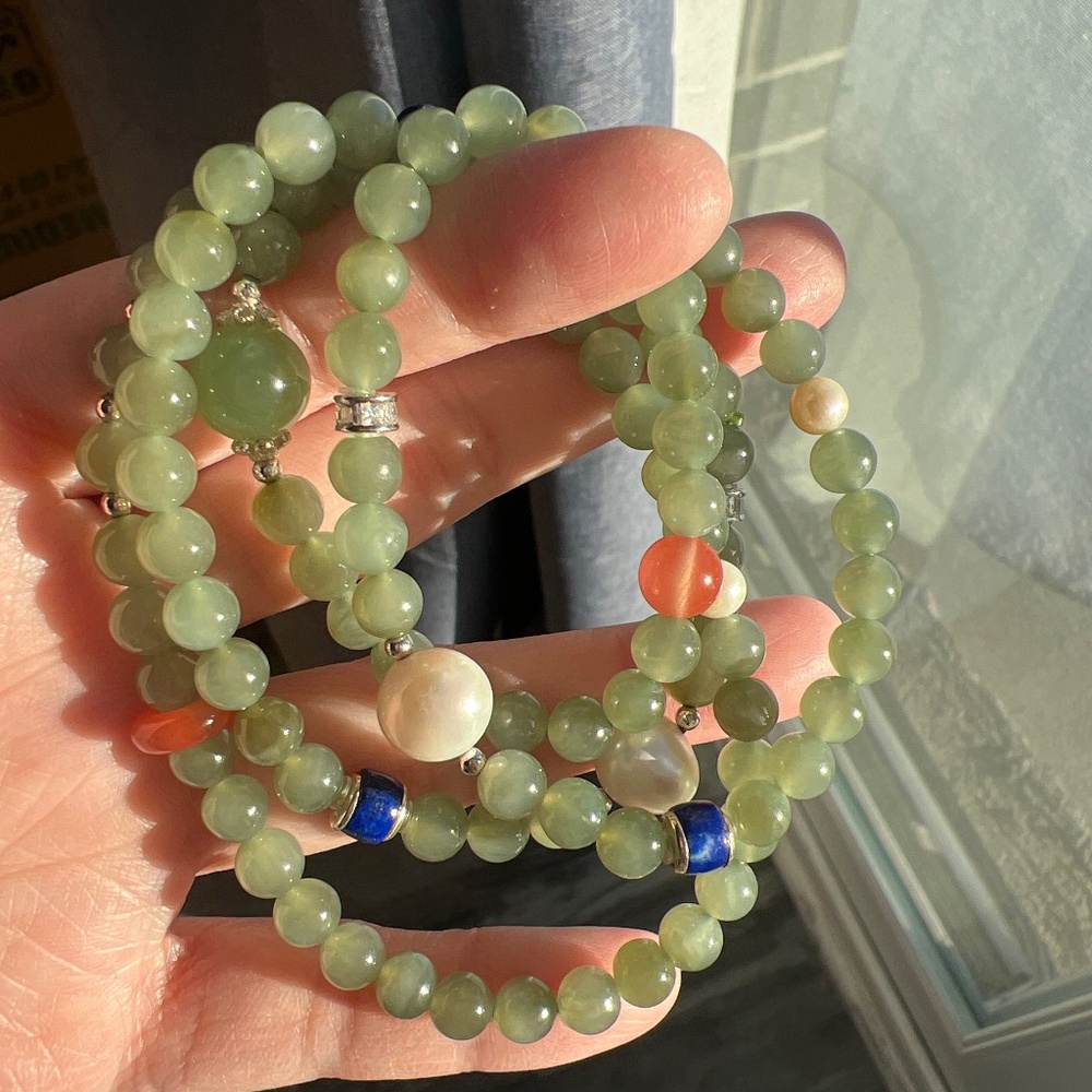 Pale green jade bracelets (short and long) OOAK